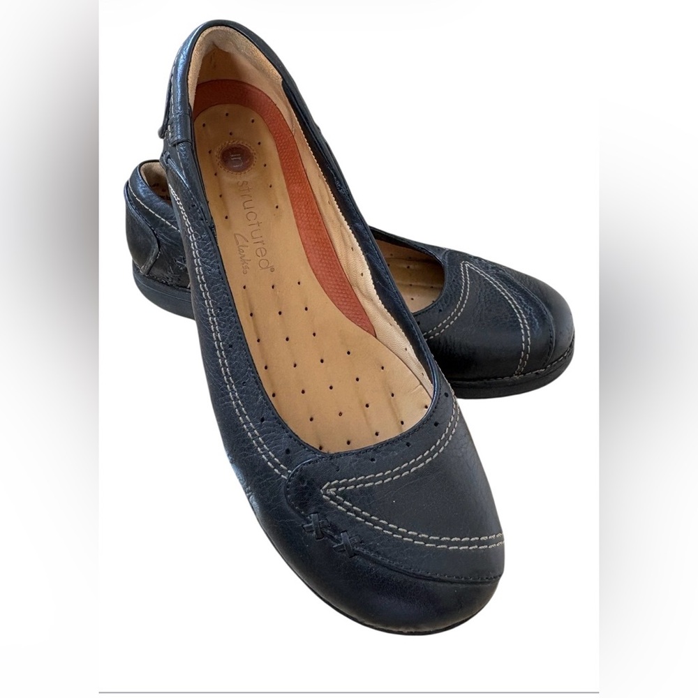 Clarks Black Leather Women's Comfort Flats Detailed Stitching Size 9